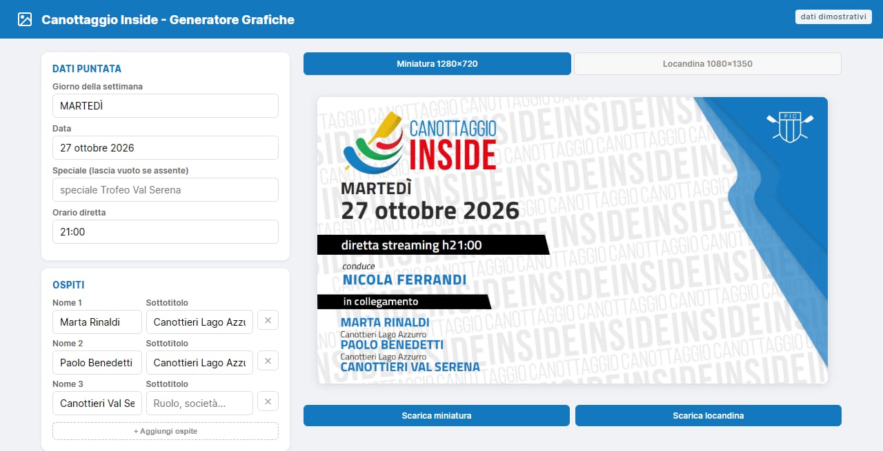 L'editor delle grafiche con la puntata 48: a sinistra i campi della puntata e degli ospiti, a destra la miniatura.
