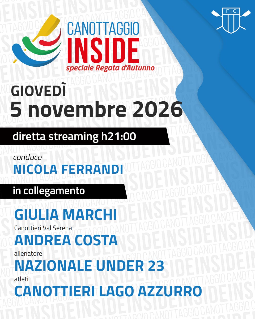 La locandina dello speciale: giovedì 5 novembre, quattro ospiti con i loro ruoli e lo speciale in rosso.