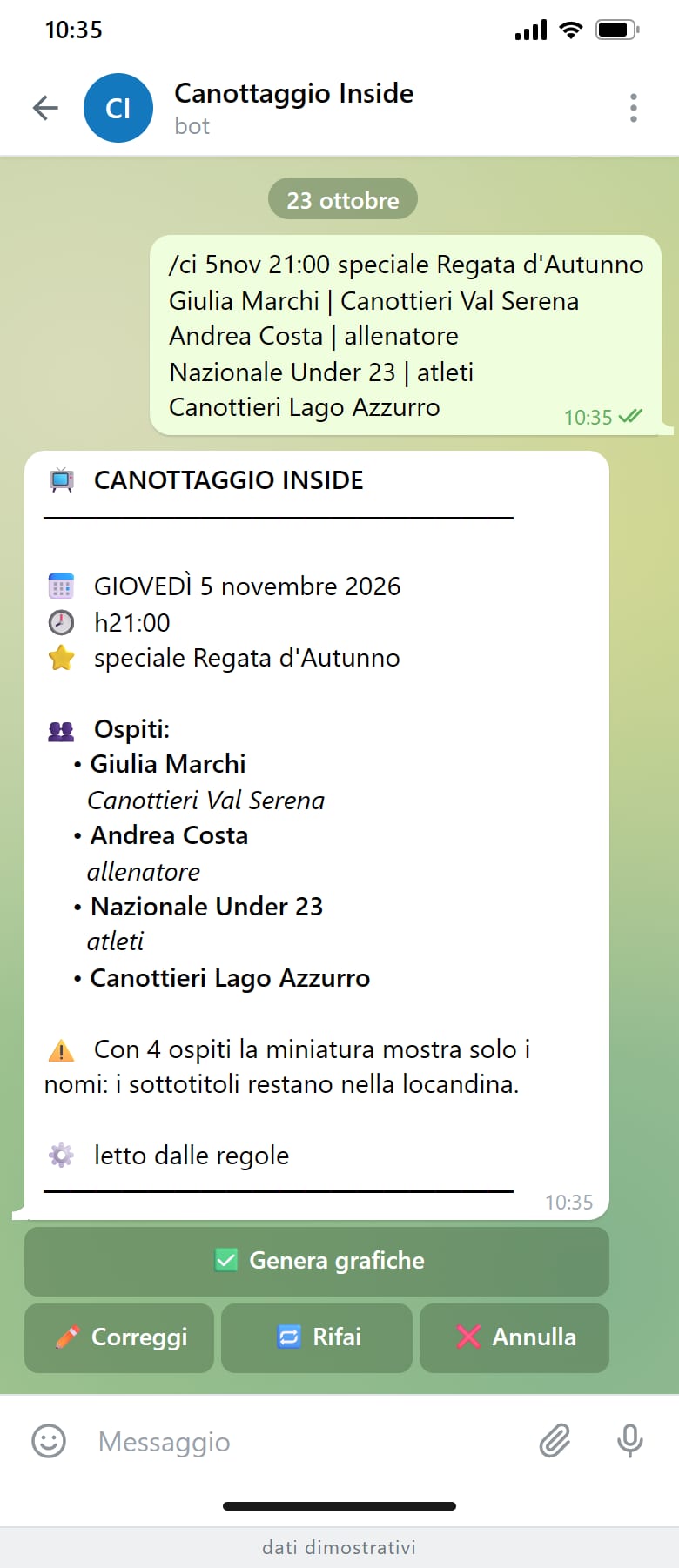 La chat del bot: lo speciale scritto a righe e la scheda letta dalle regole, con l'avviso sui quattro ospiti.