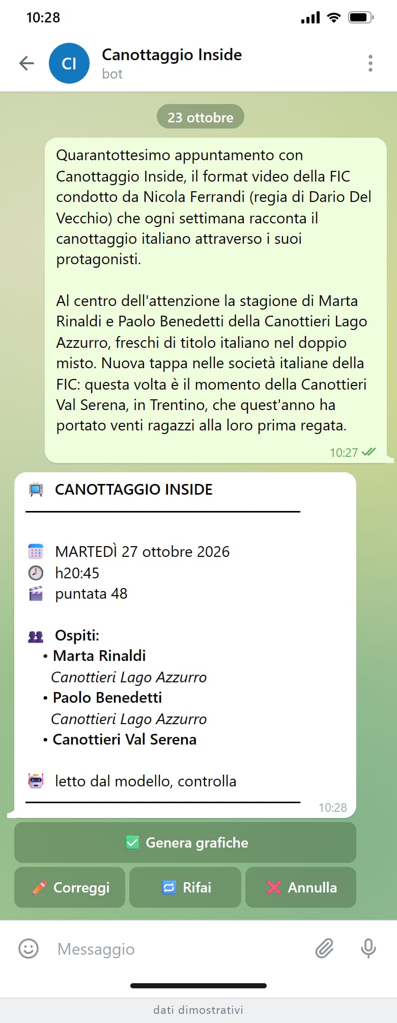 La chat del bot: il comunicato incollato e la scheda letta dal modello, con data, ora, puntata e ospiti.
