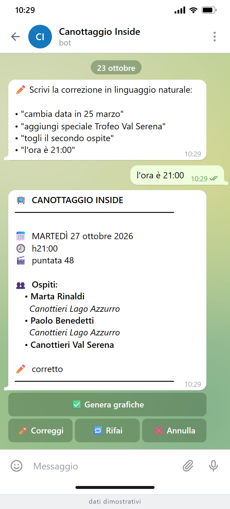 La chat del bot: la richiesta di correzione, la frase «l'ora è 21:00» e la scheda tornata corretta.
