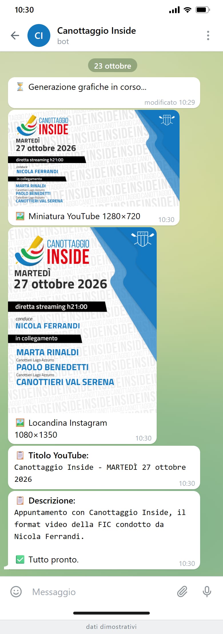 La chat del bot: la miniatura, la locandina, poi il titolo e la descrizione per YouTube.