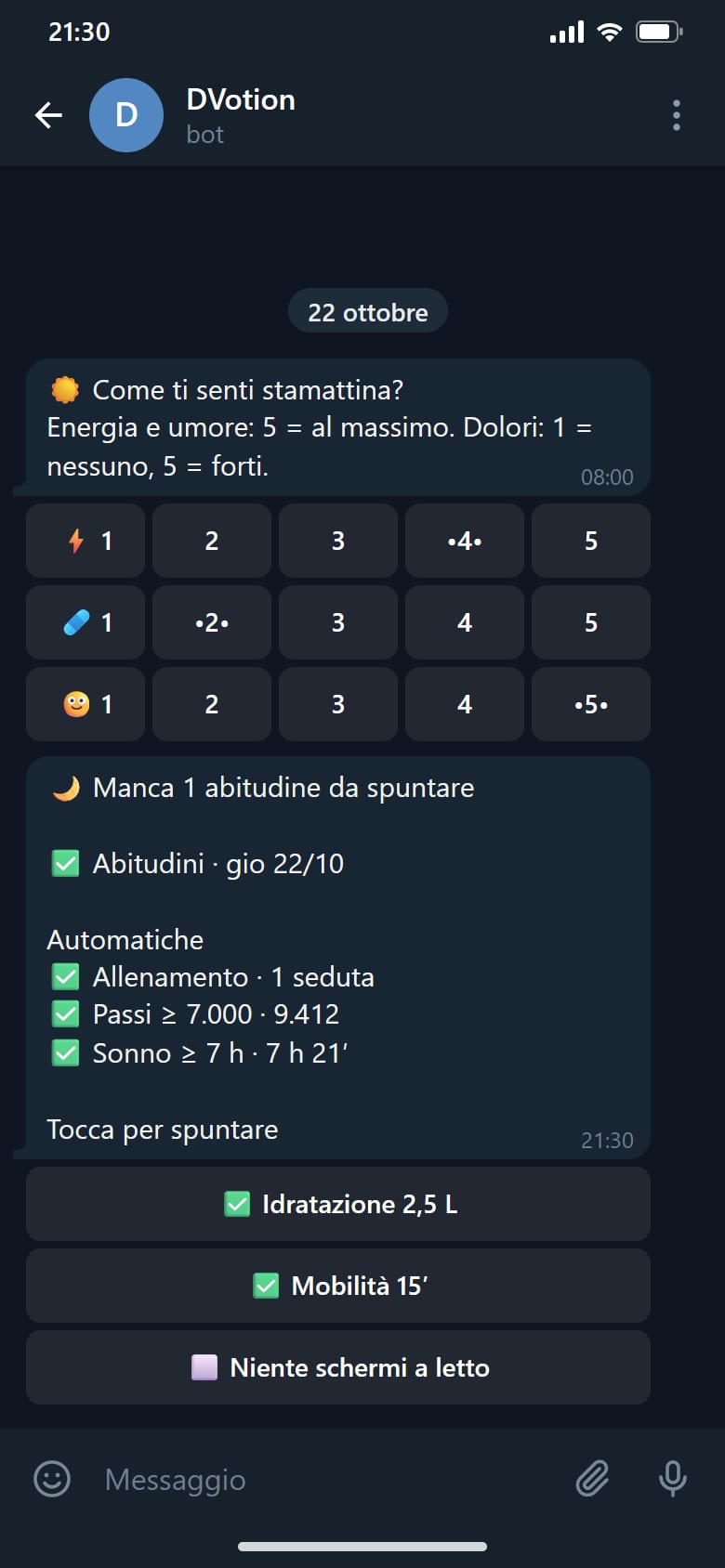Le abitudini del giorno su Telegram, con i tasti per spuntarle.