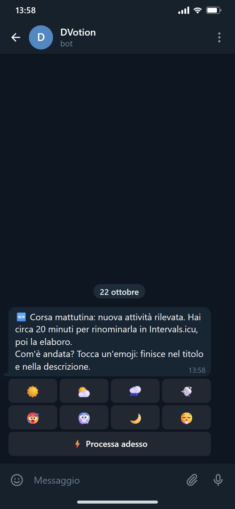 L'avviso su Telegram: nuova attività rilevata, venti minuti per rinominarla.