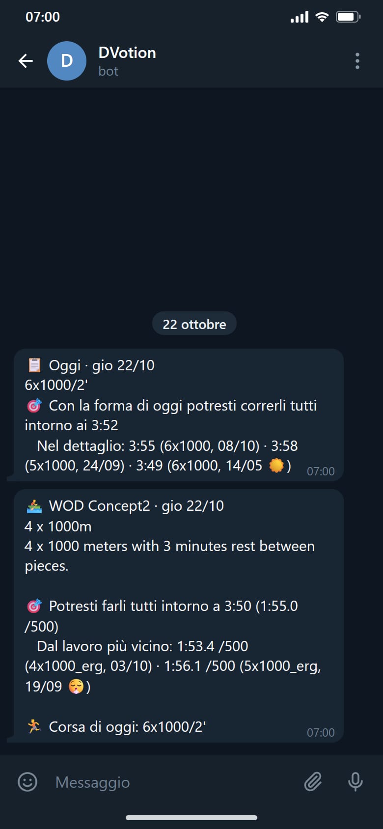 Il messaggio delle sette: la seduta di oggi e il tempo da aspettarsi per ogni ripetuta.
