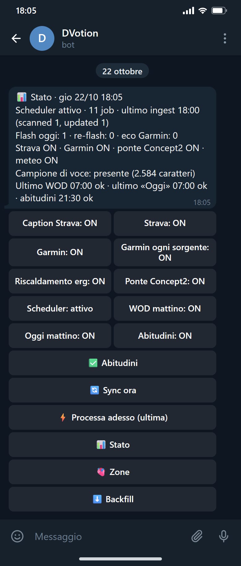 Il pannello su Telegram: lo stato dei lavori automatici e gli interruttori.